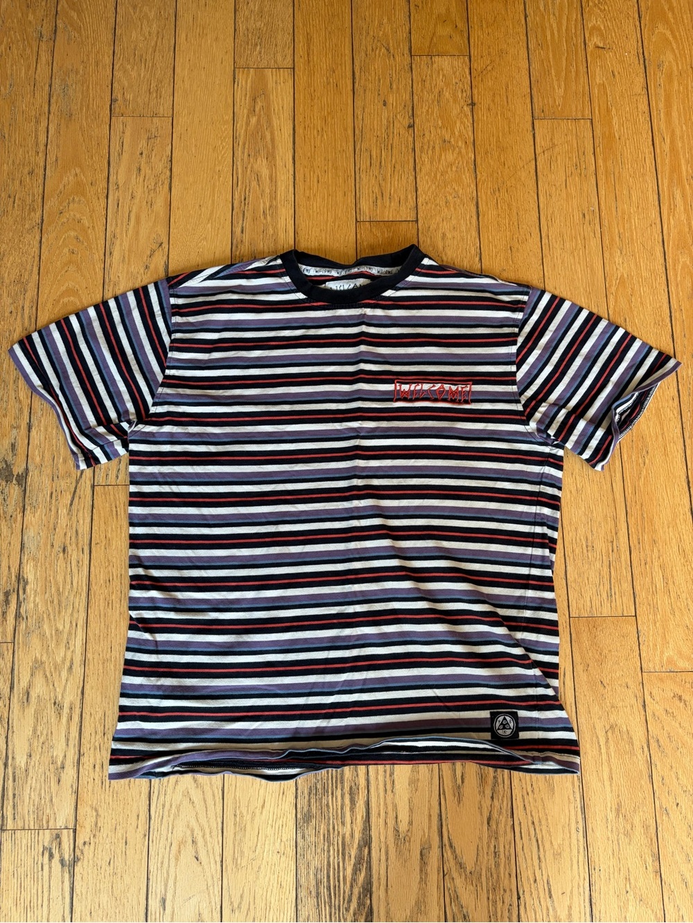 Welcome Skateboards Striped Embroidered Logo Tee - Size Large